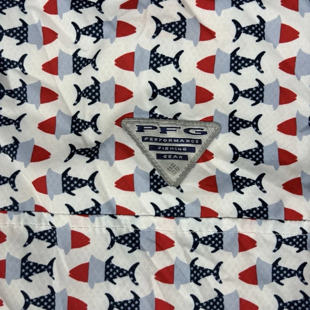 Columbia PFG Fishing Shirt Mens 2XL Red White Blue‎ All Over Print Fish Outdoors